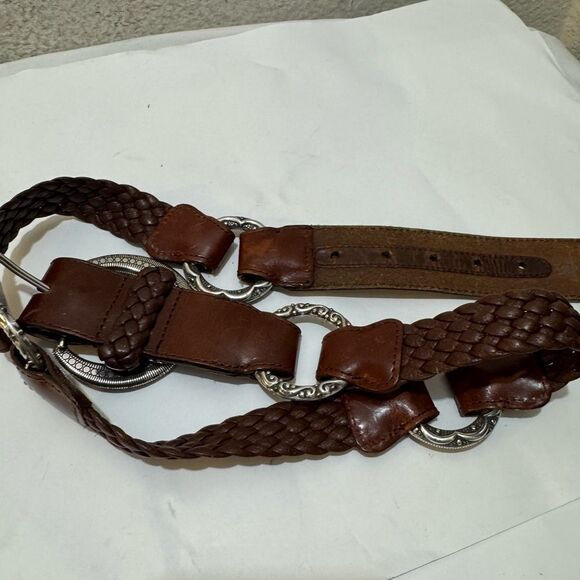 Womens Brighton Brown Braided Leather Concho Belt Size 32 Boho Western - Picture 6 of 8